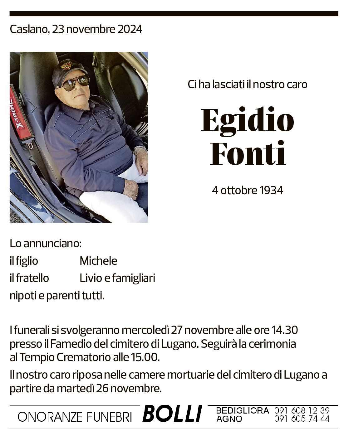 Annuncio funebre Egidio Fonti