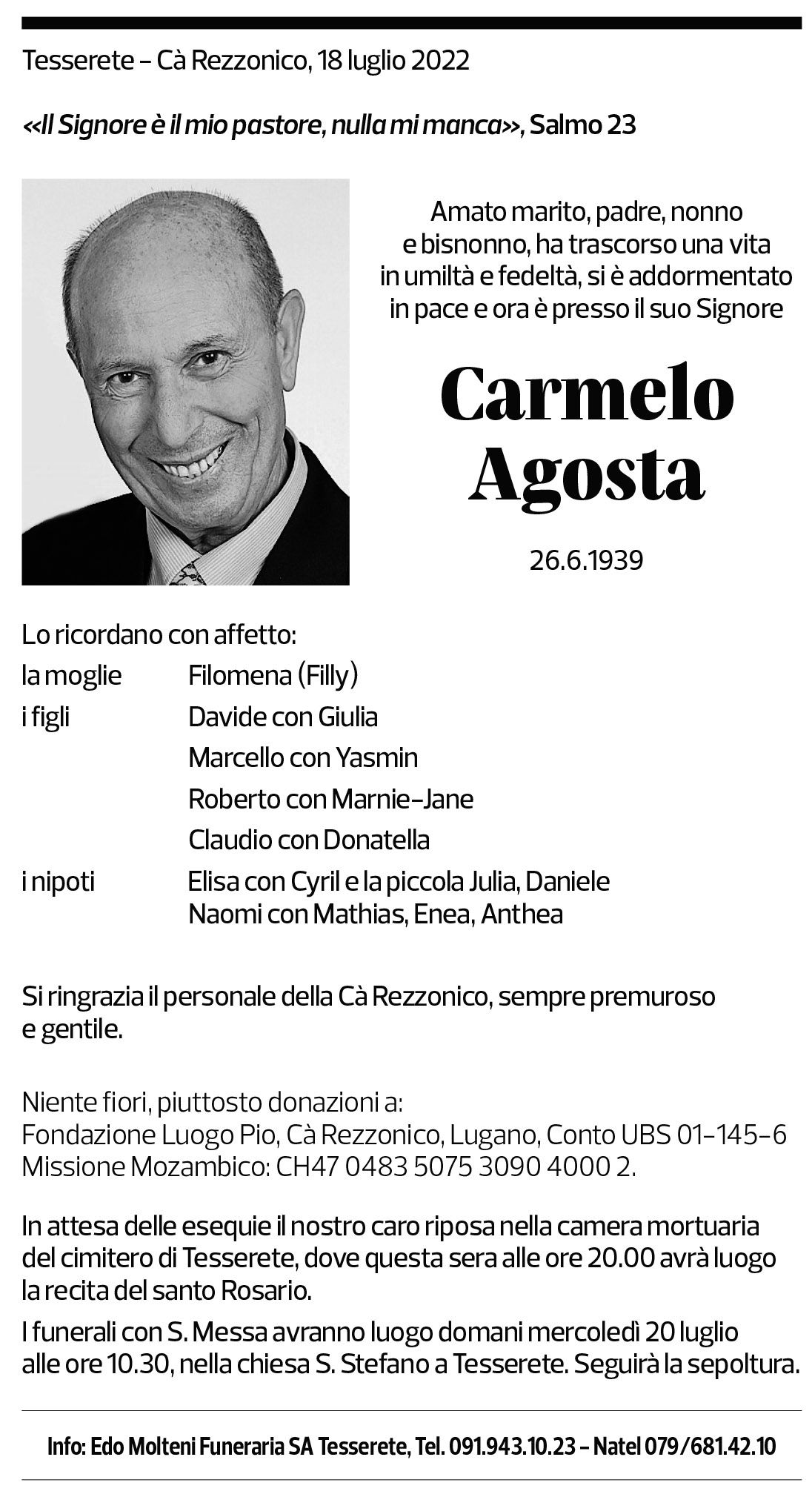 Annuncio funebre Carmelo Agosta