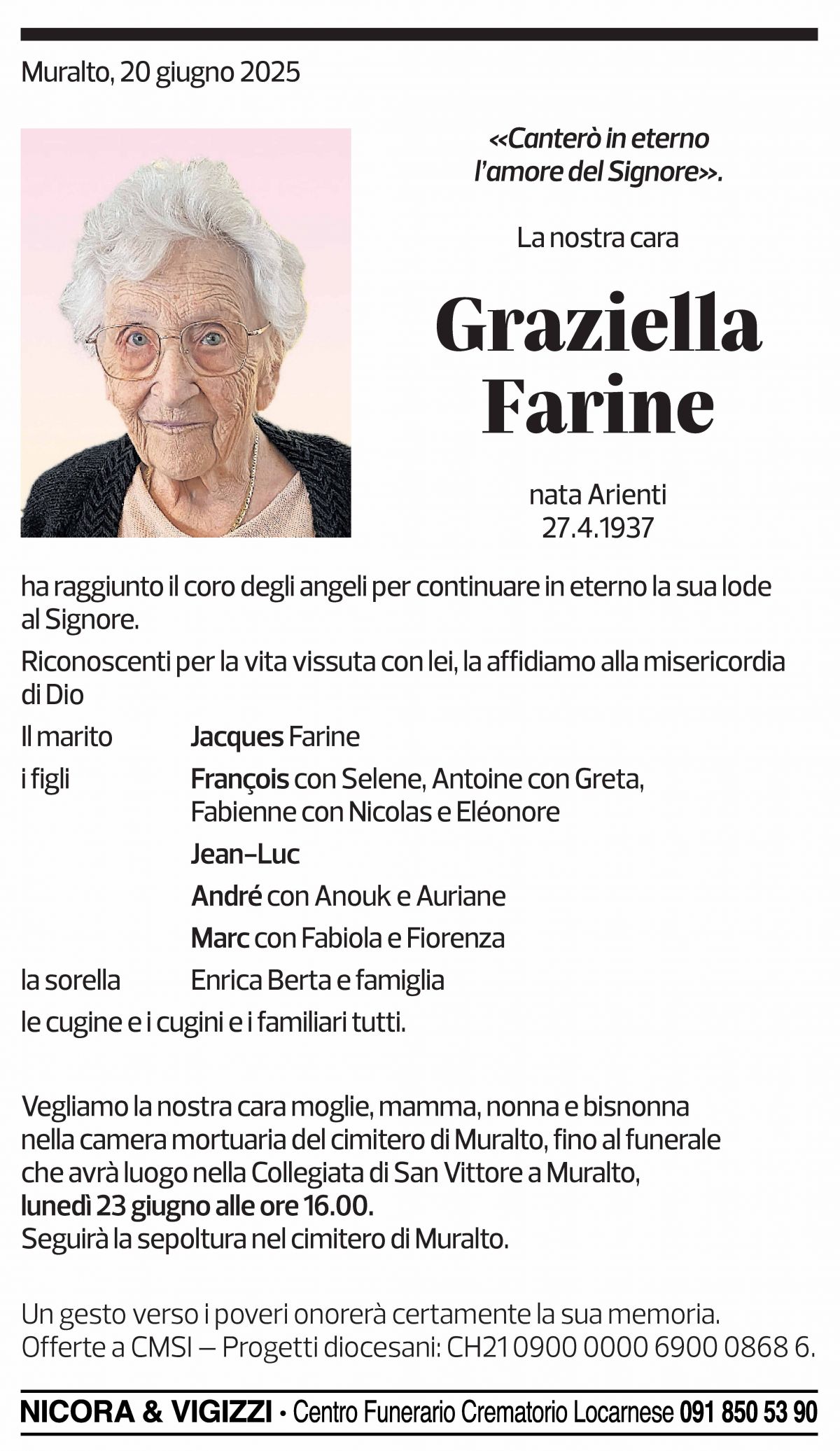 Annuncio funebre Graziella Farine