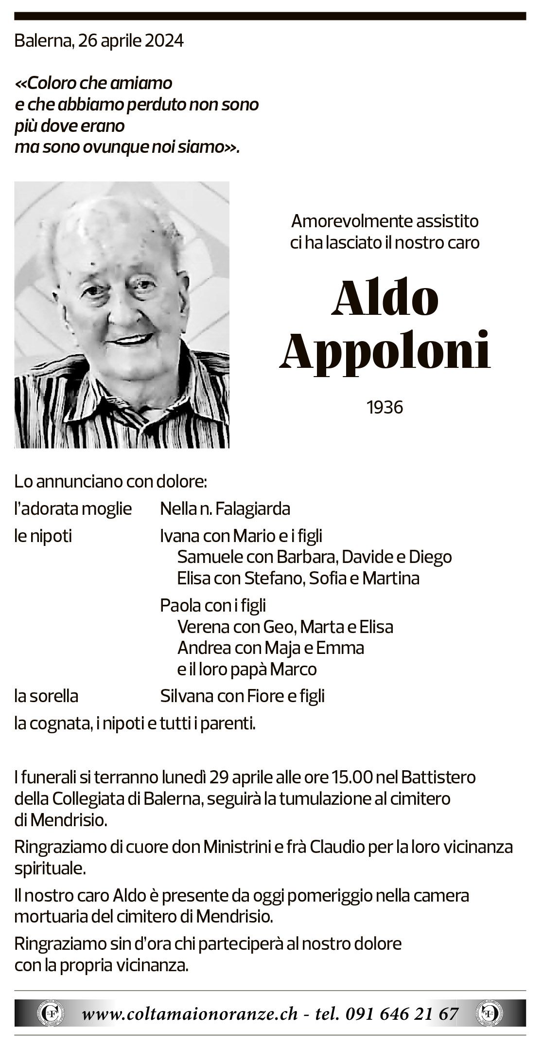Annuncio funebre Aldo Appoloni