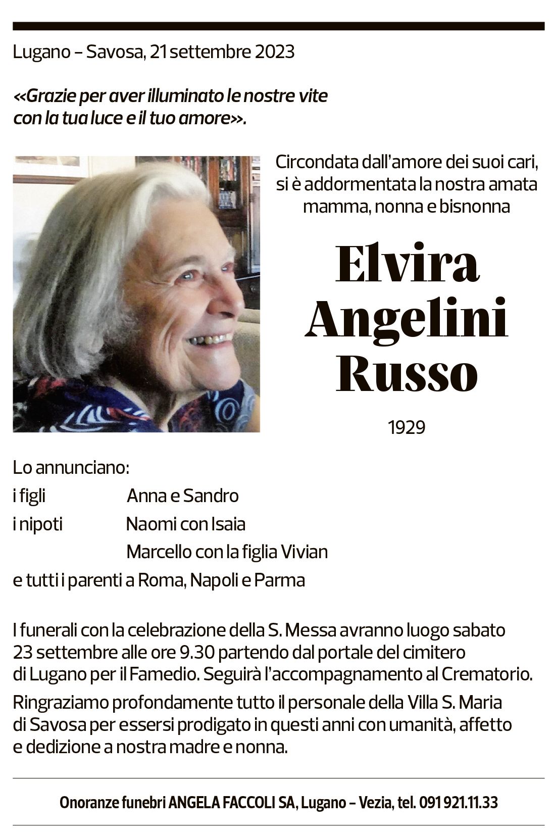 Annuncio funebre Elvira Angelini Russo