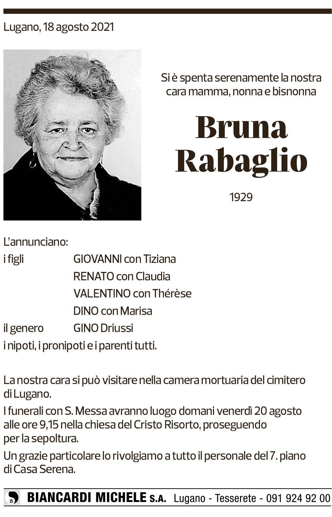 Annuncio funebre Bruna Rabaglio