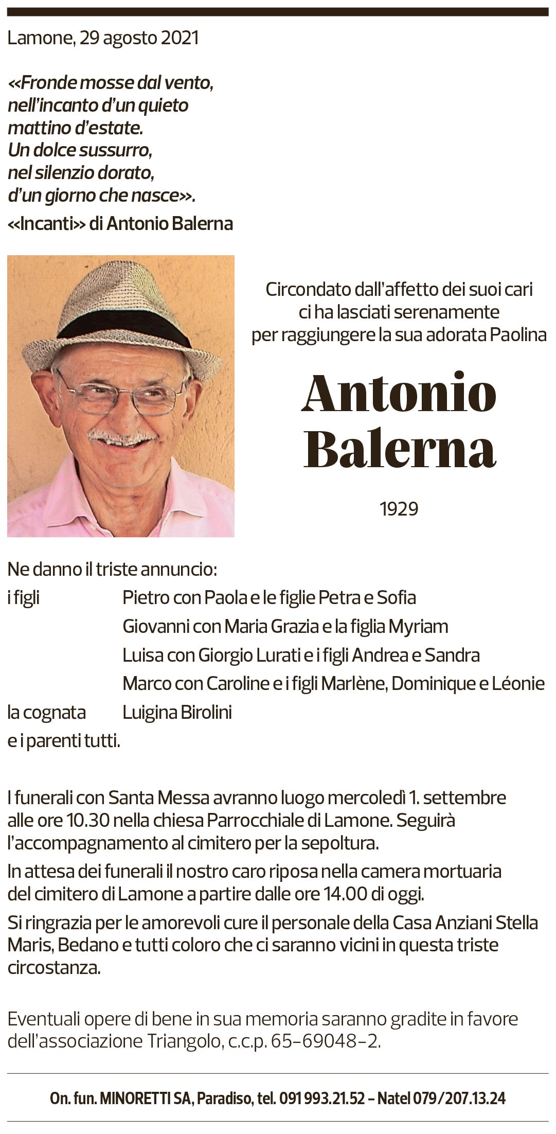 Annuncio funebre Antonio Balerna