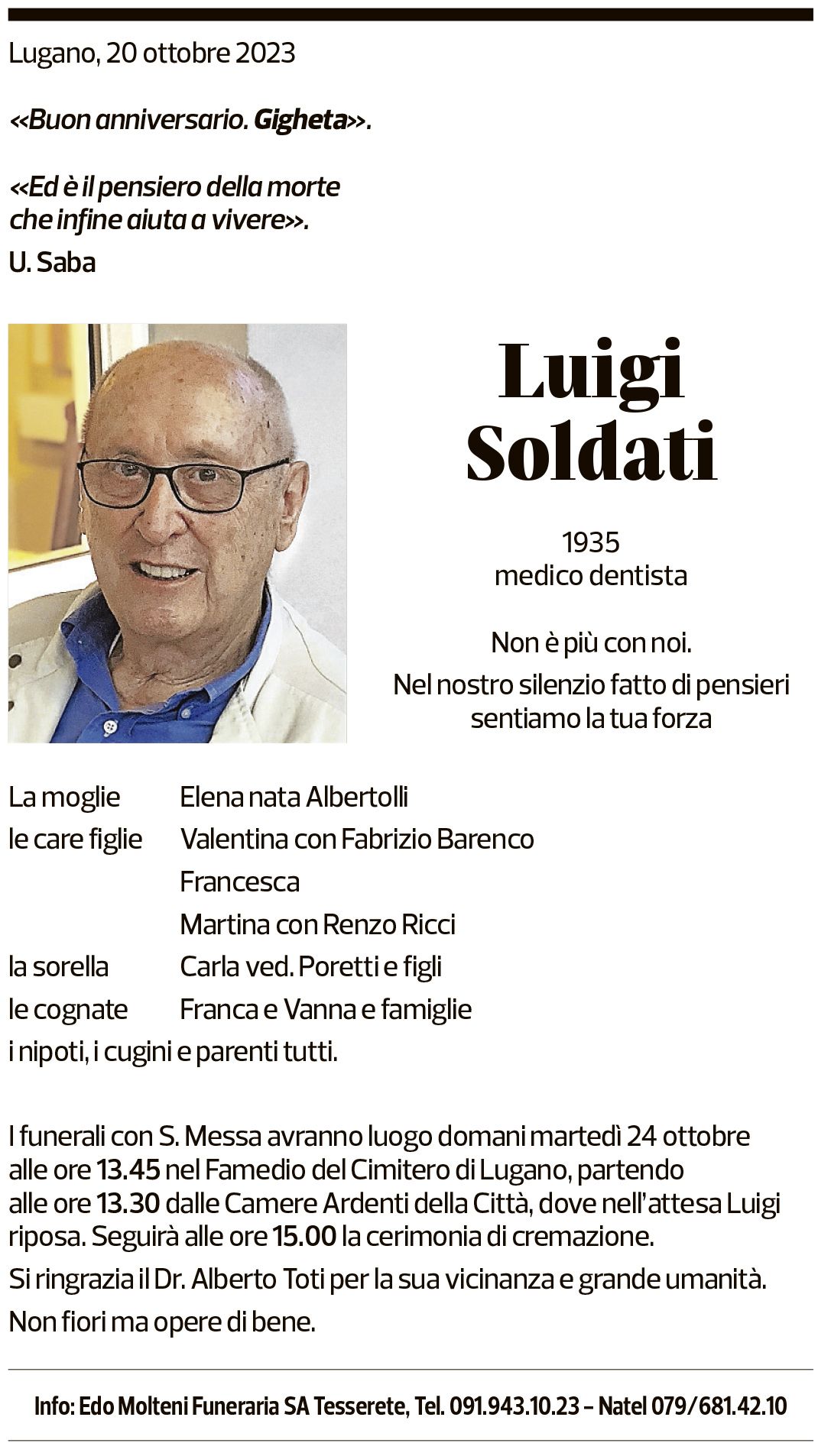 Annuncio funebre Luigi Soldati