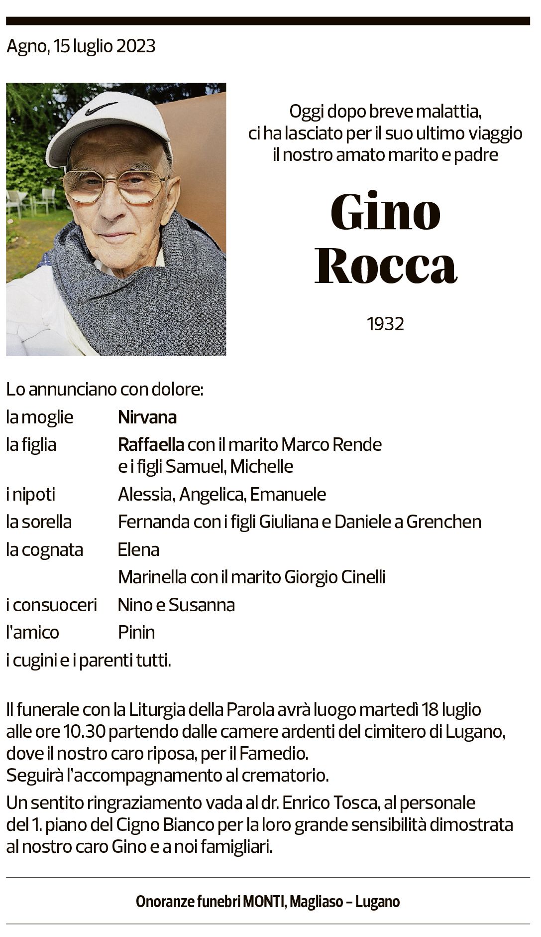 Annuncio funebre Gino Rocca