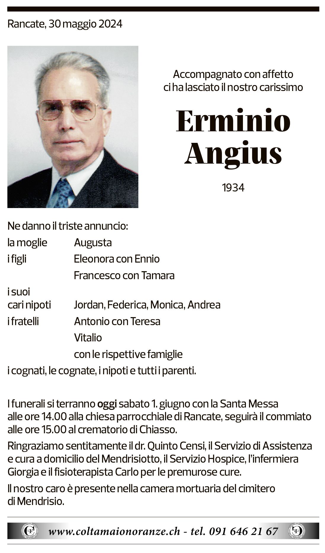 Annuncio funebre Erminio Angius