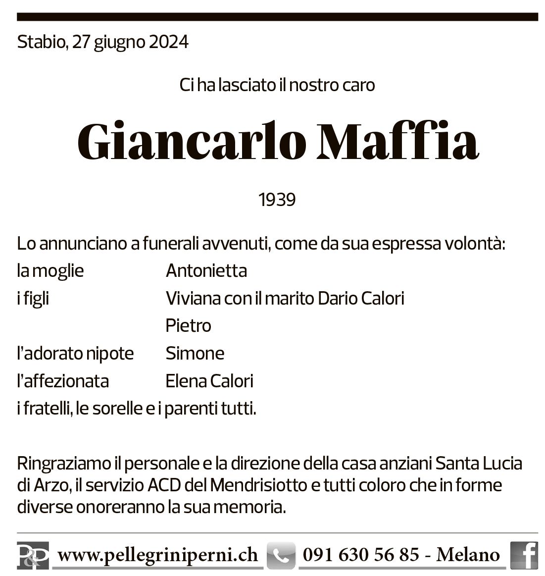 Annuncio funebre Giancarlo Maffia