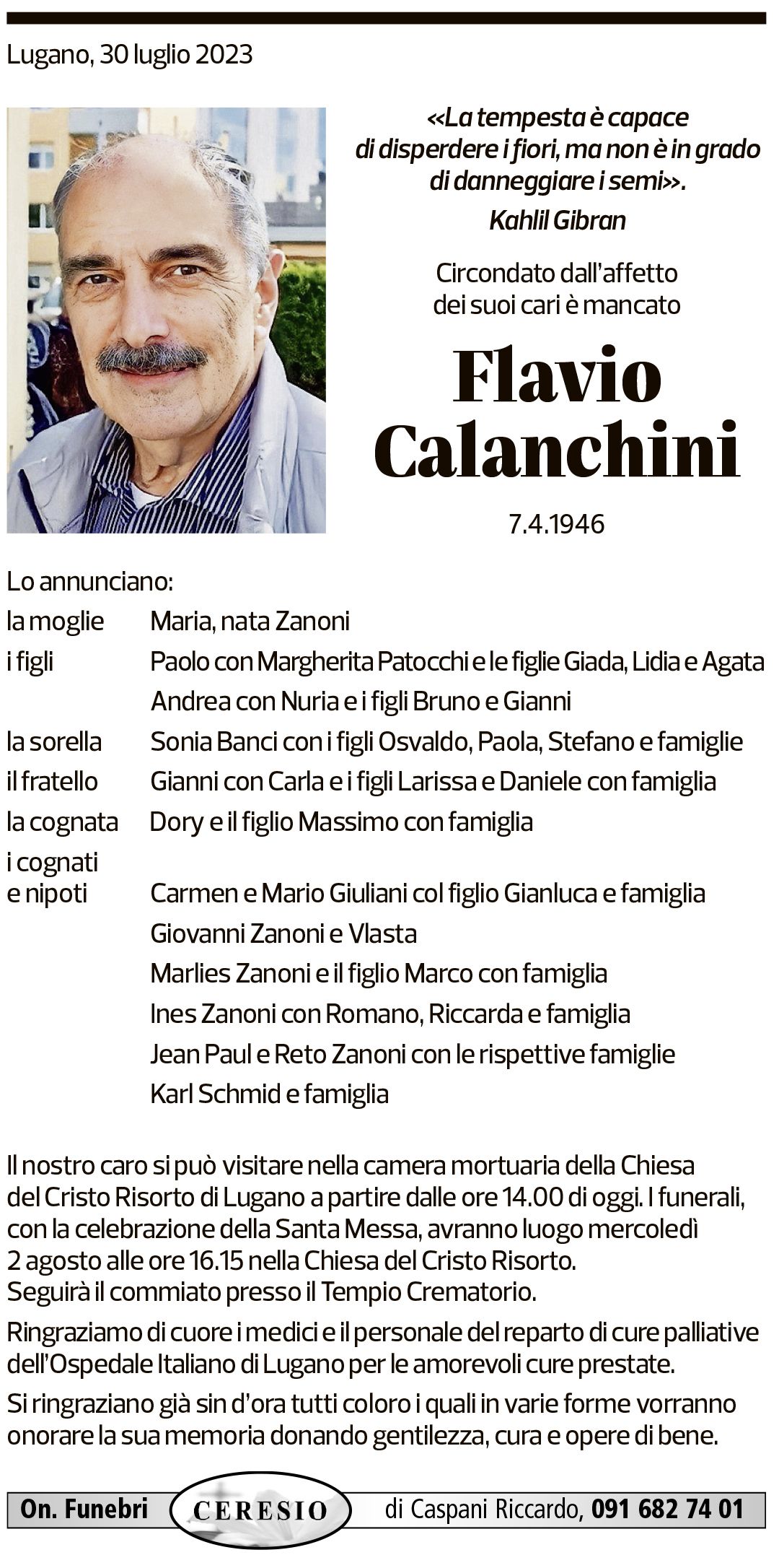 Annuncio funebre Flavio Calanchini