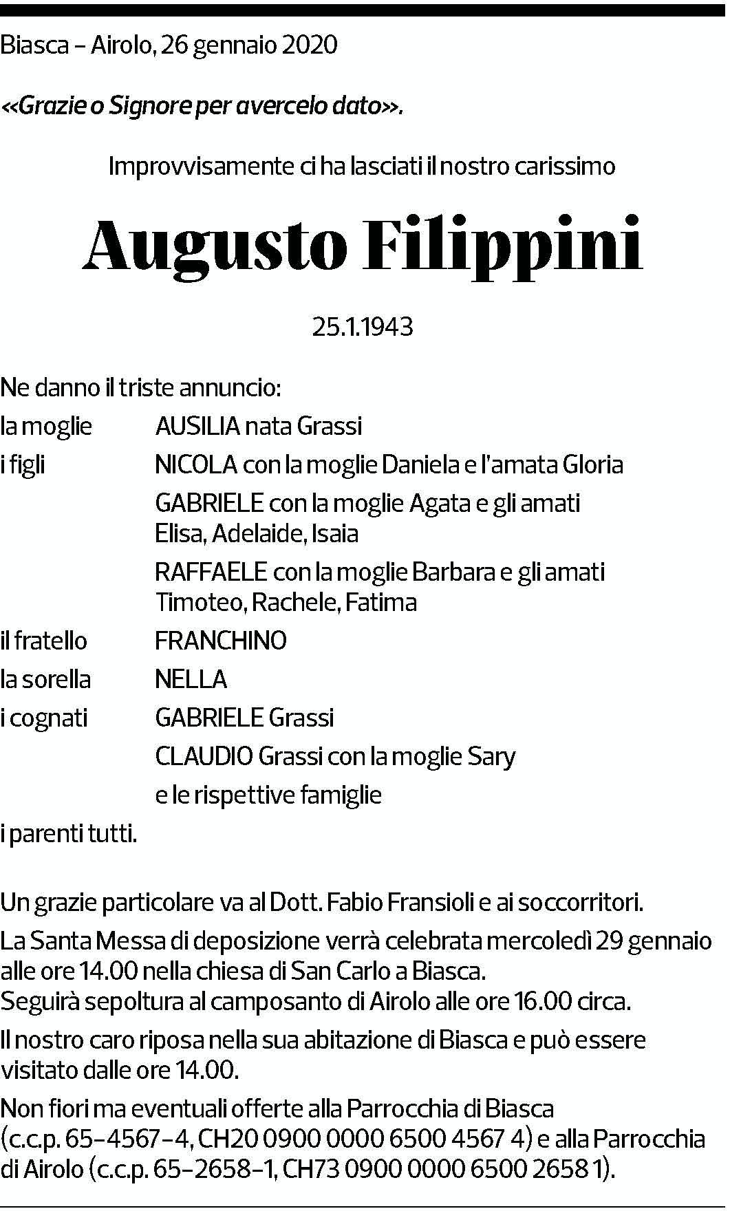 Annuncio funebre Augusto Filippini