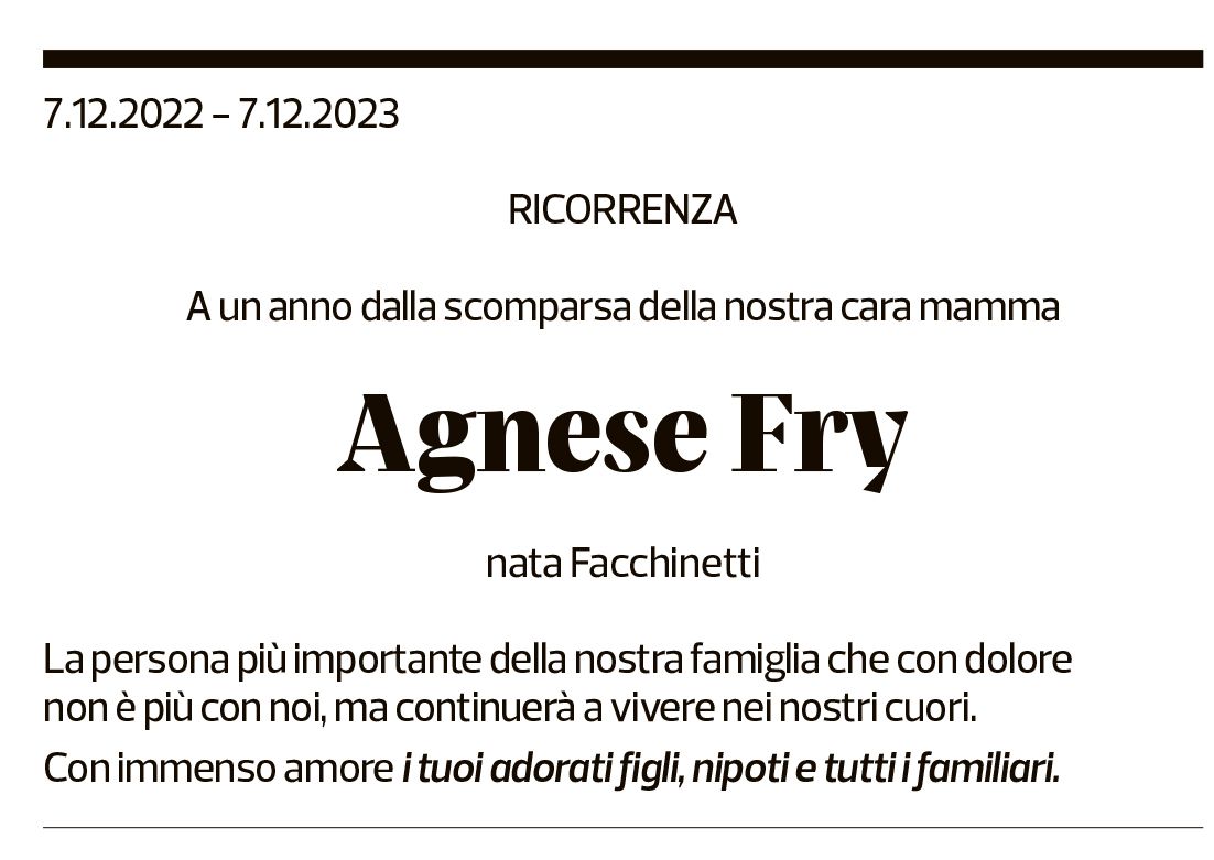 Annuncio funebre Agnese Fry