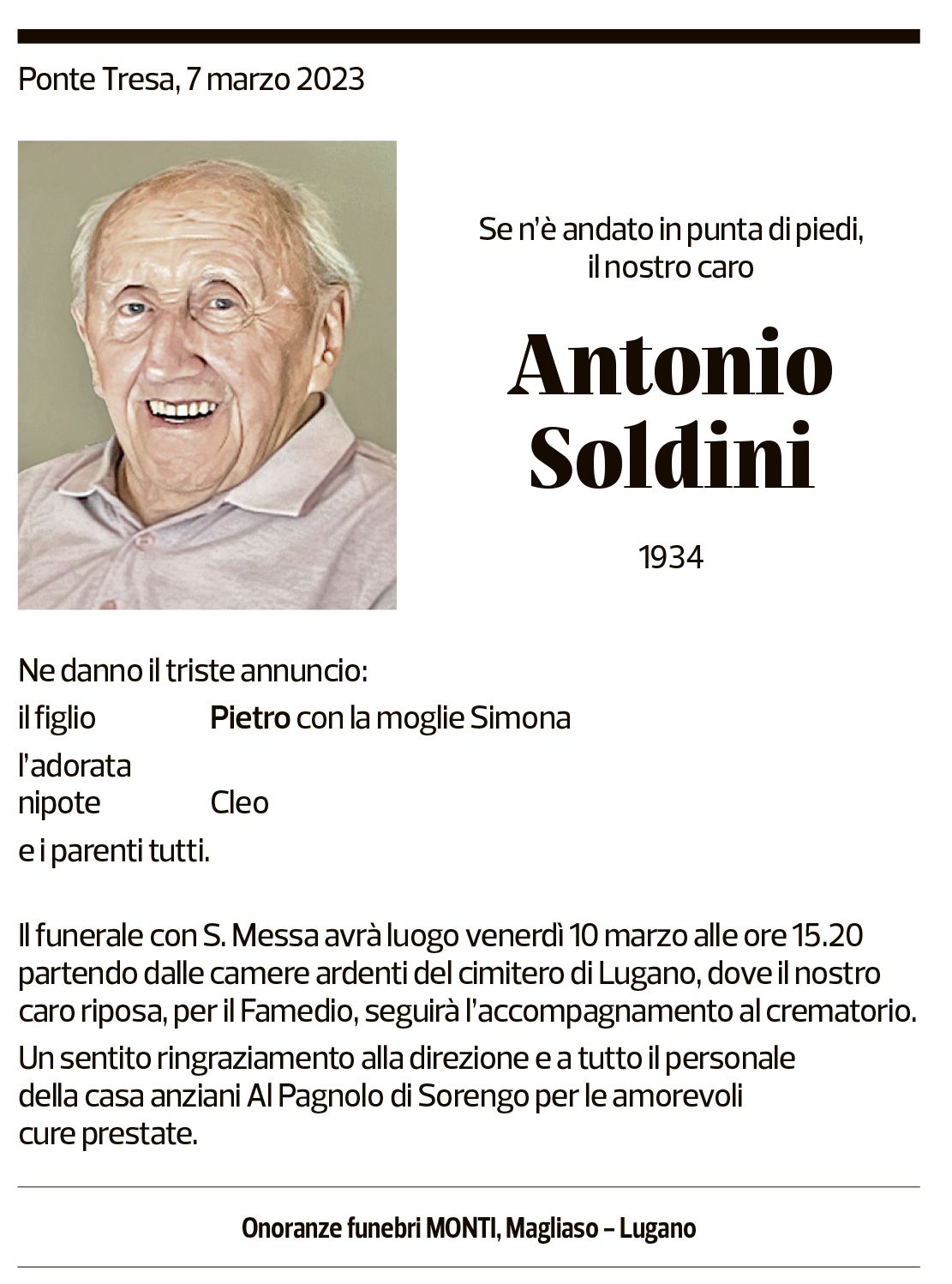 Annuncio funebre Antonio Soldini