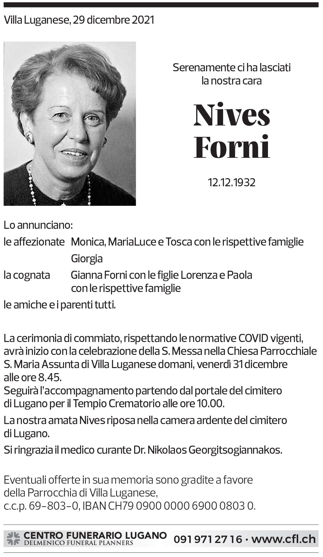 Annuncio funebre Nives Forni