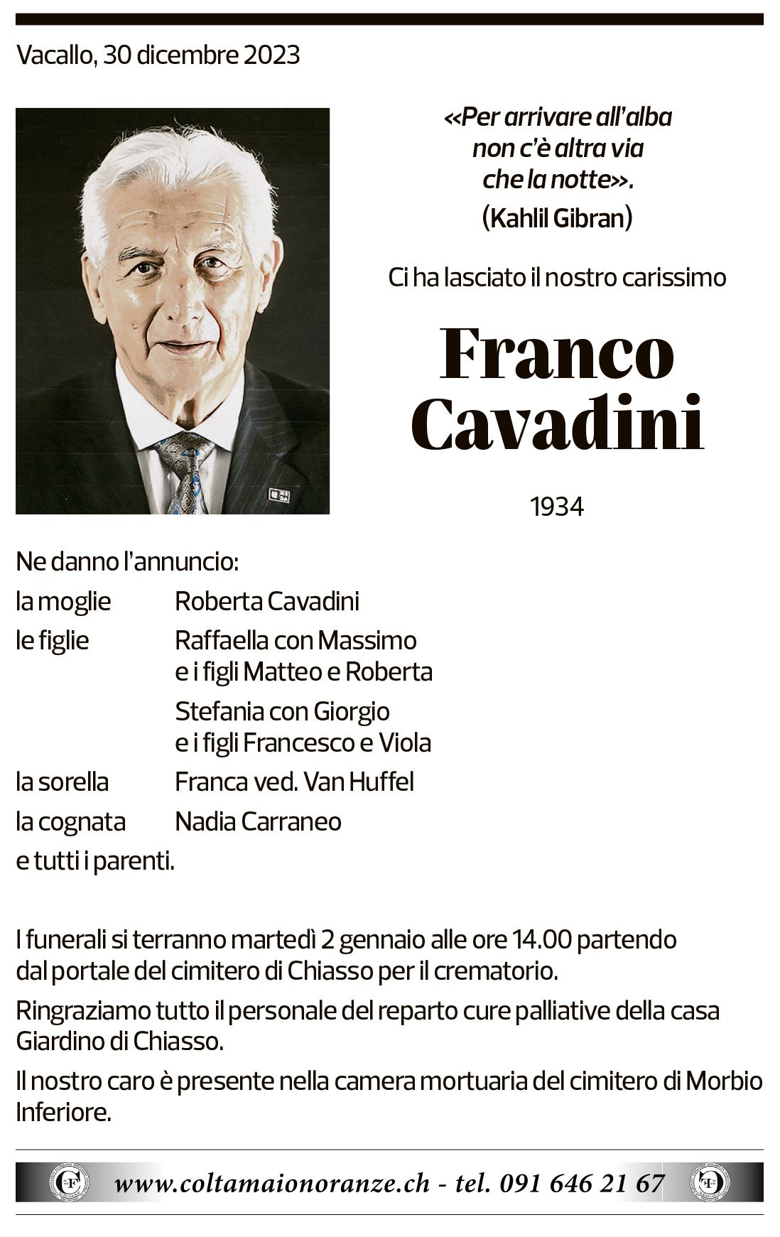 Annuncio funebre Franco Cavadini