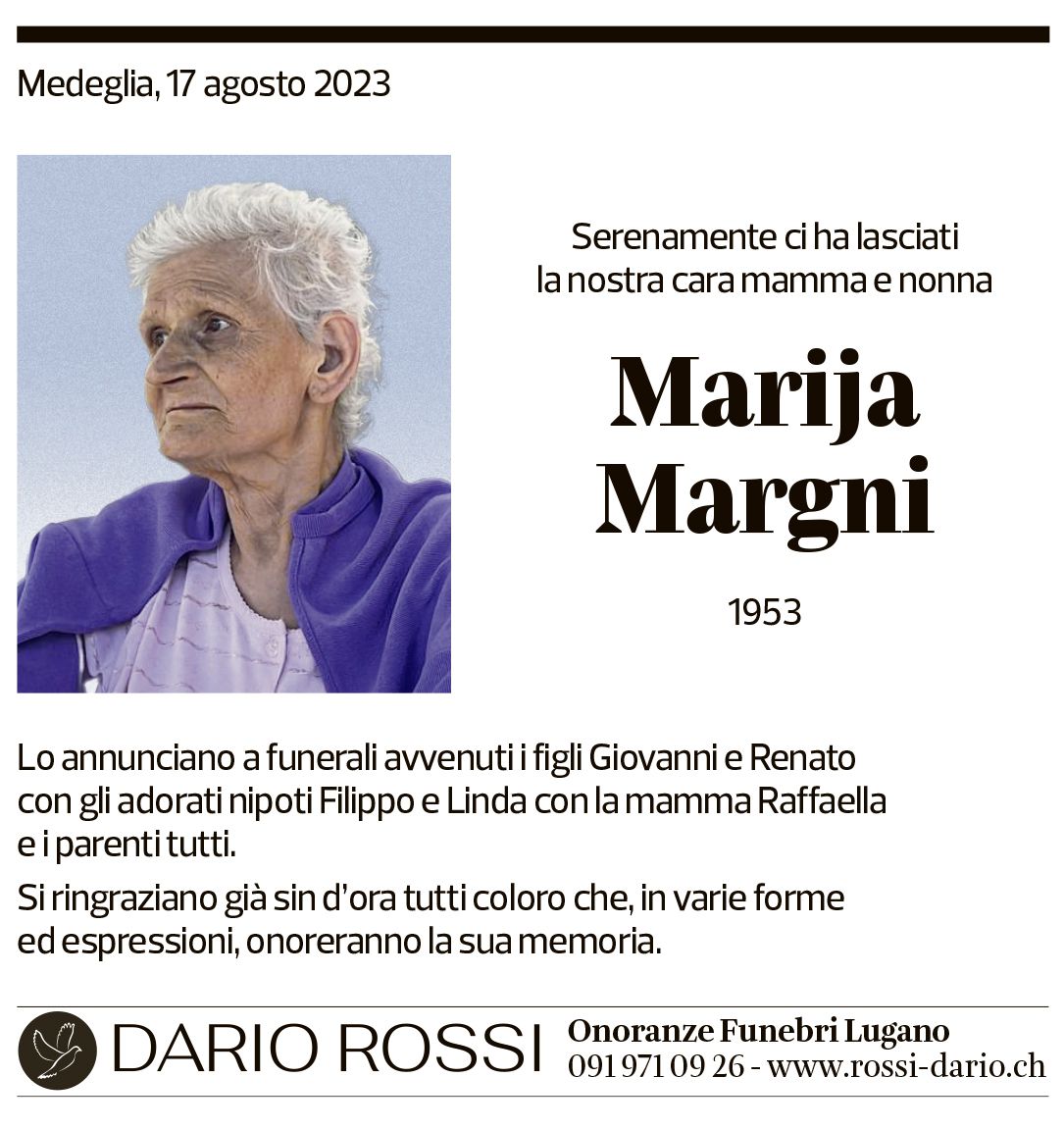 Annuncio funebre Marija Margni