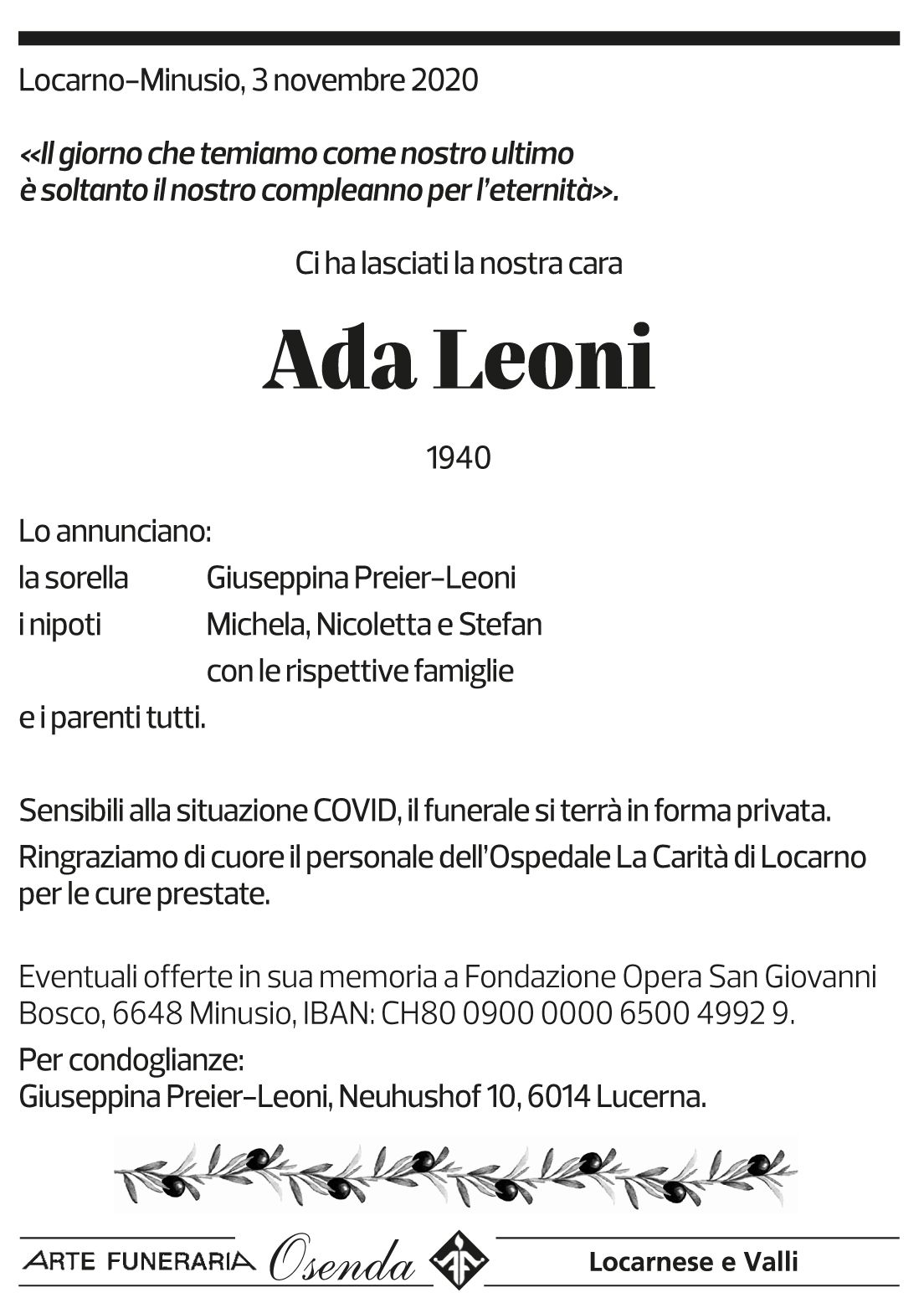 Annuncio funebre Ada Leoni