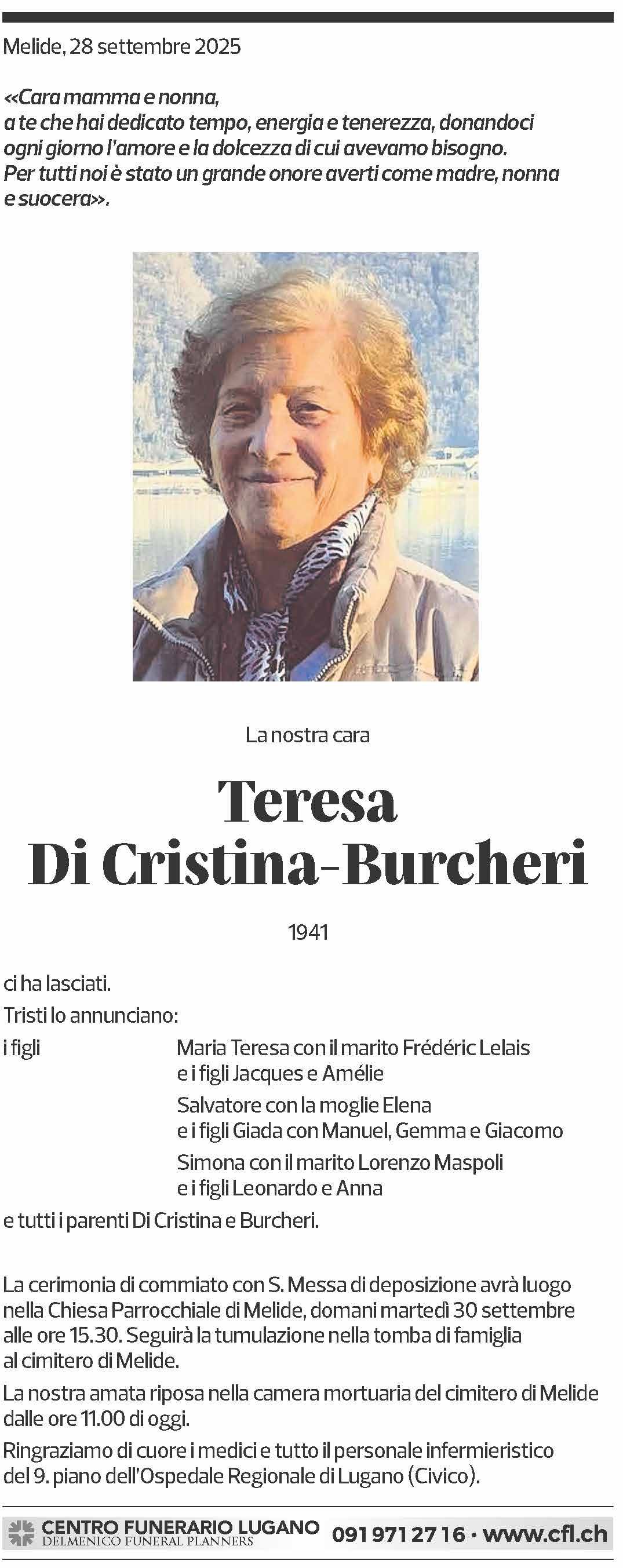 Annuncio funebre Teresa Di Cristina-burcheri