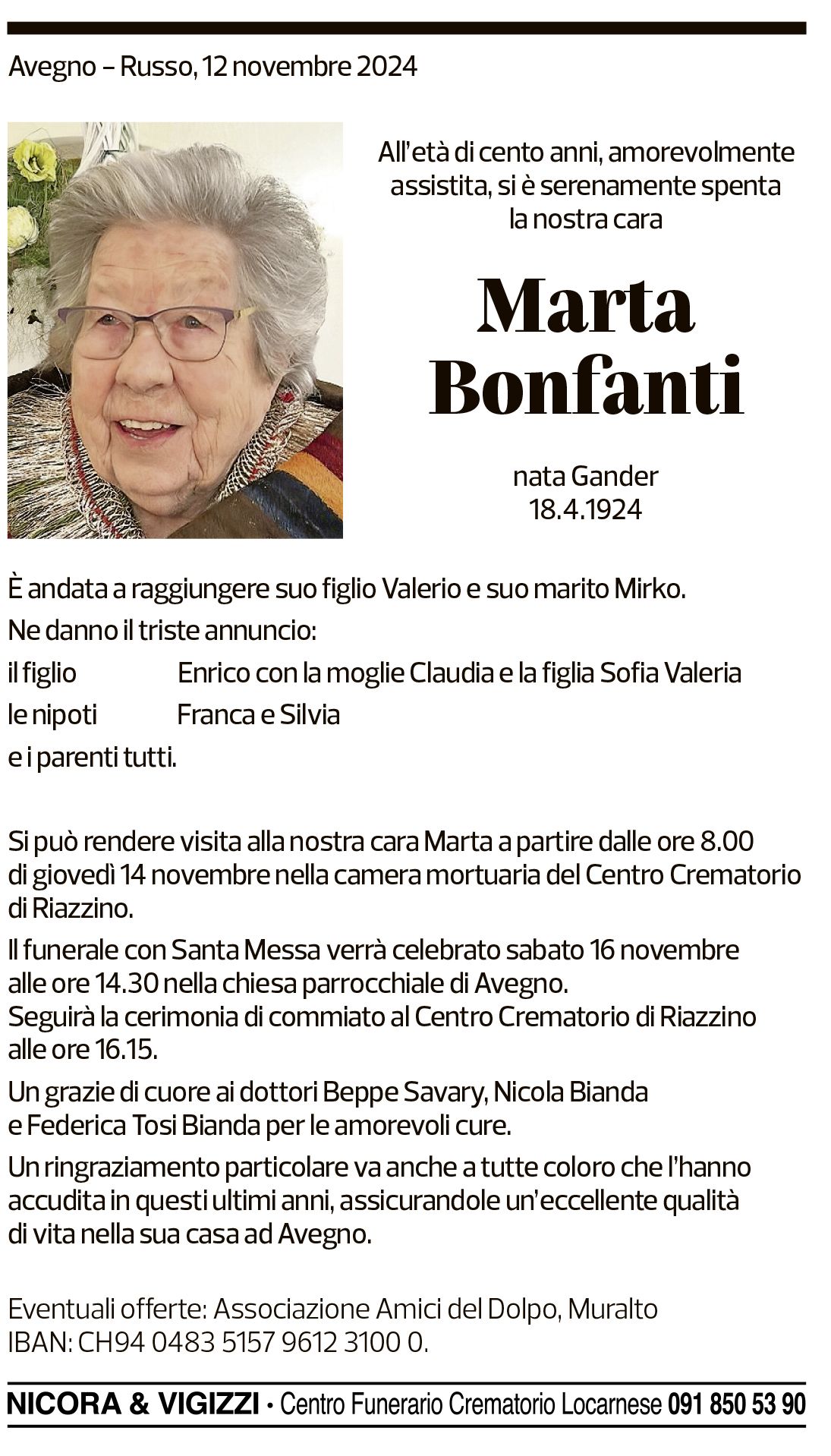 Annuncio funebre Marta Bonfanti