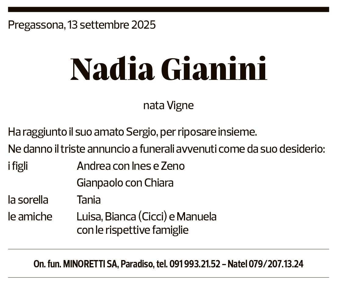 Annuncio funebre Nadia Gianini
