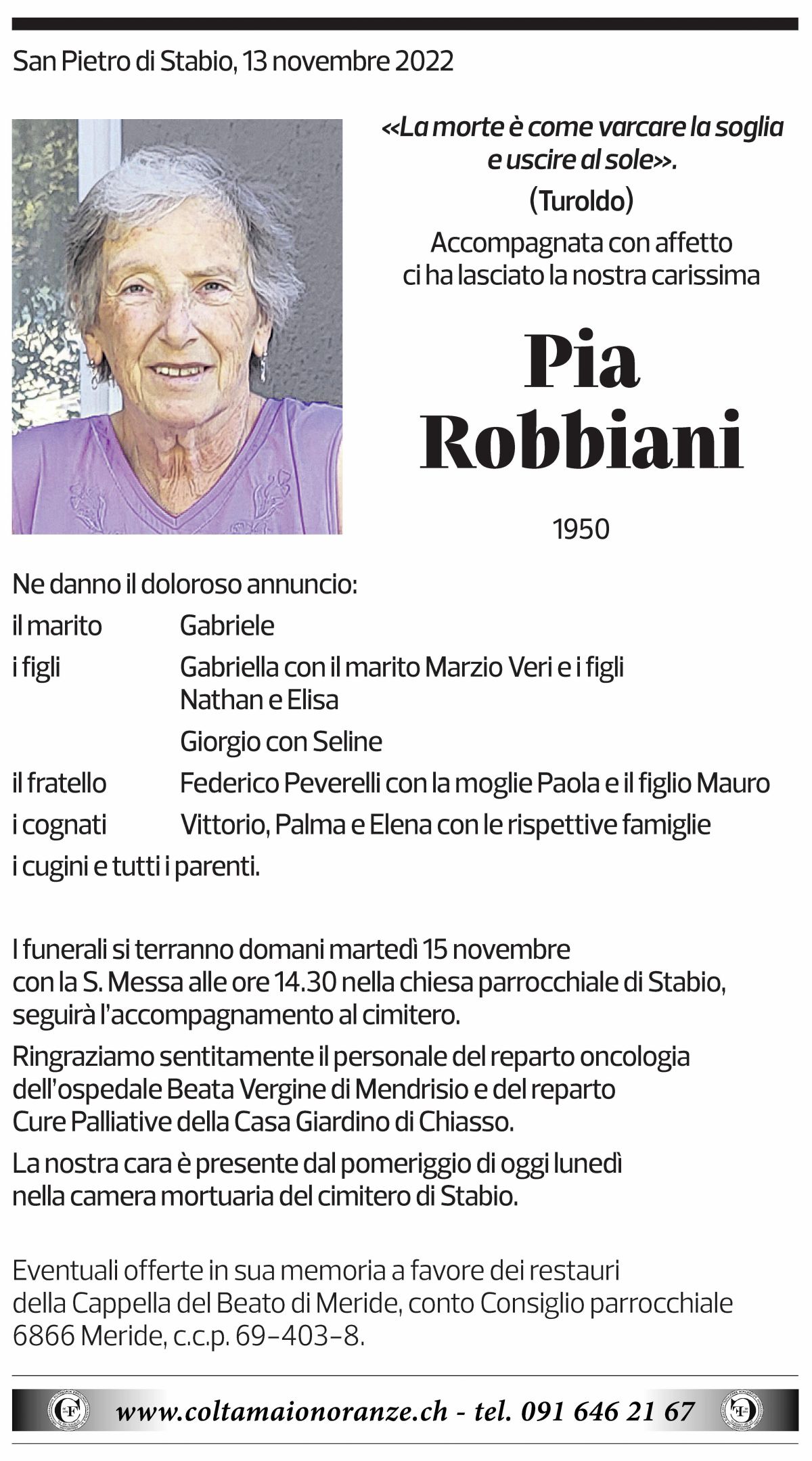 Annuncio funebre Pia Robbiani