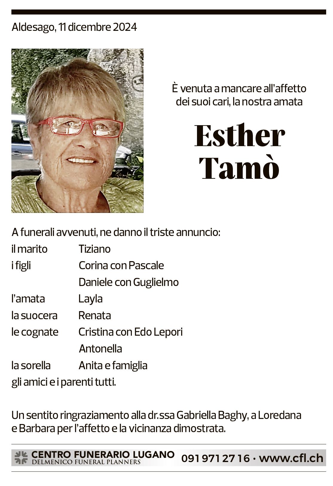 Annuncio funebre Esther Tamò