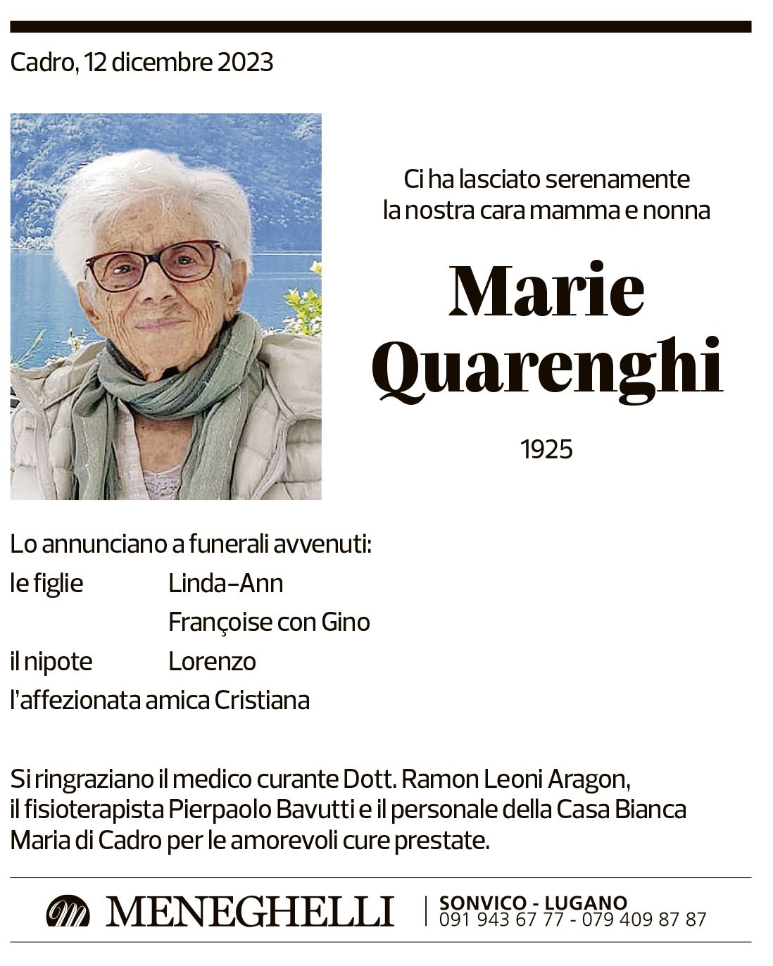 Annuncio funebre Marie Quarenghi