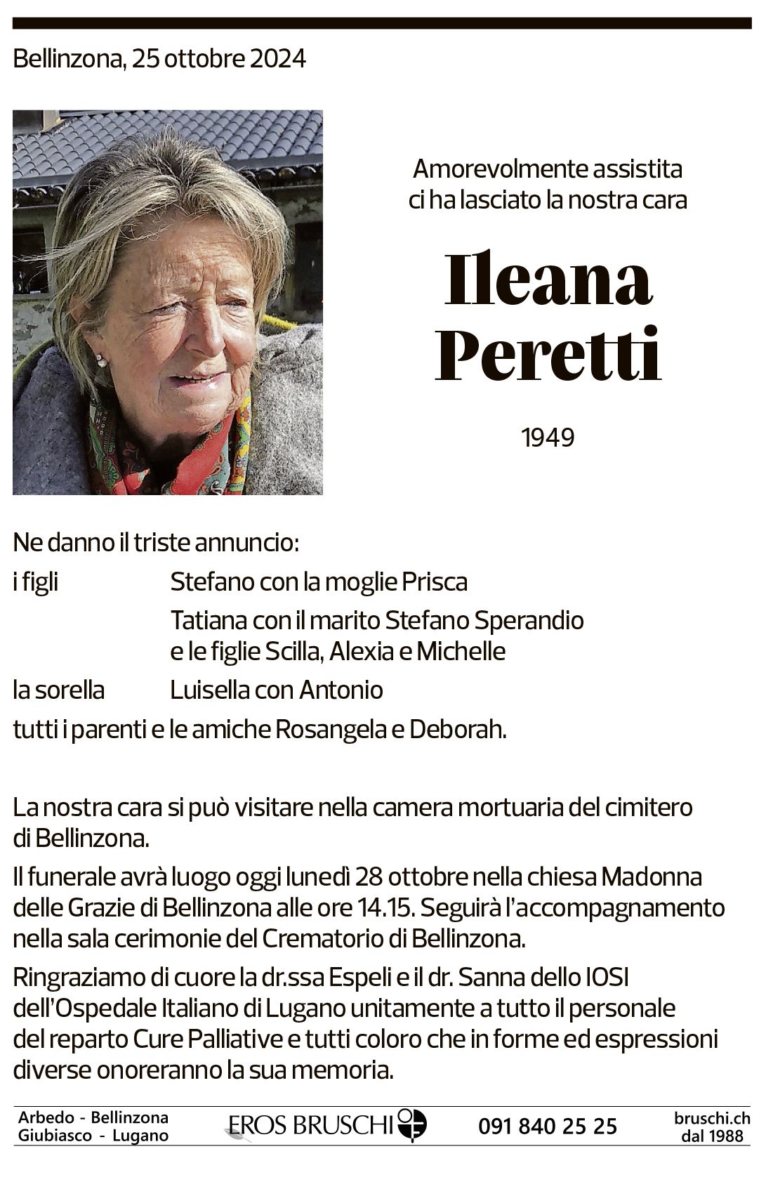 Annuncio funebre Ileana Peretti