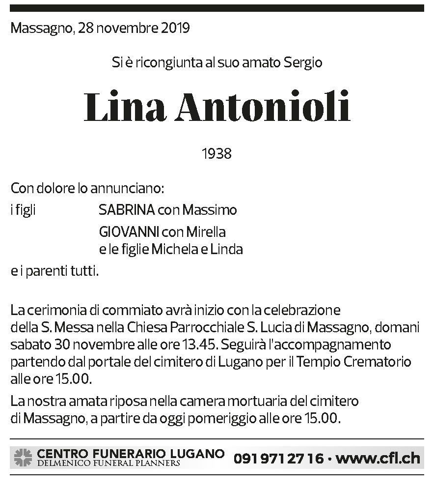 Annuncio funebre Lina Antonioli