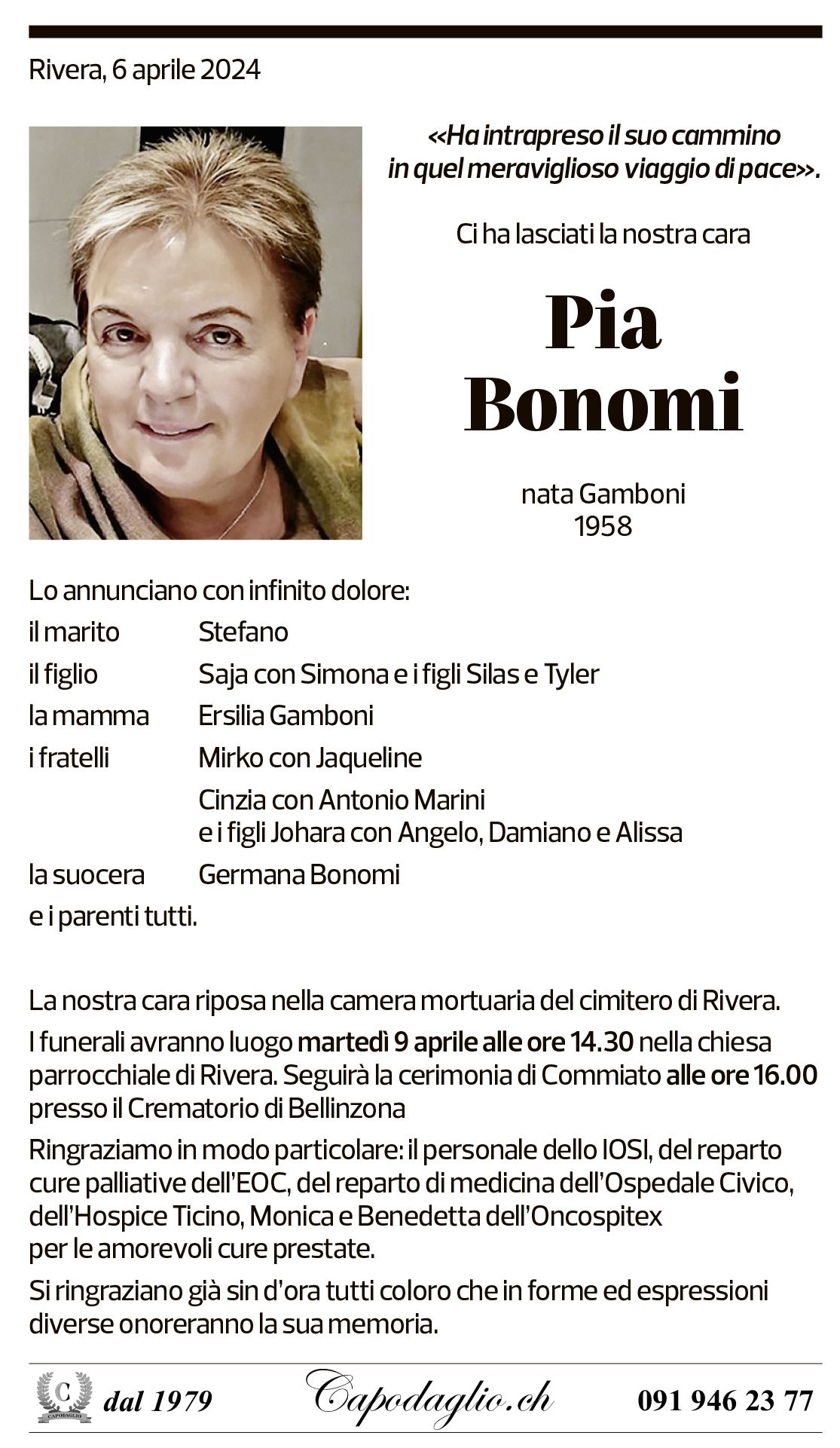 Annuncio funebre Pia Bonomi