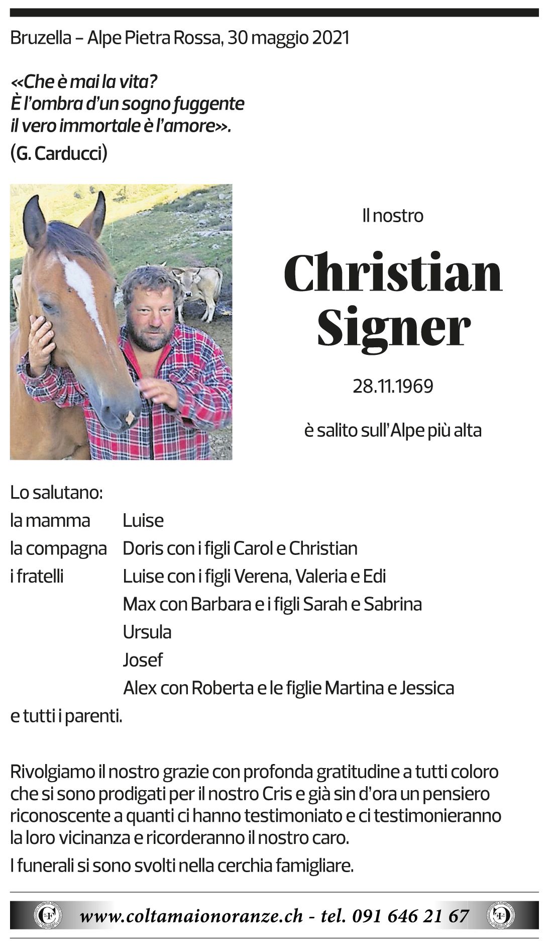 Annuncio funebre Christian Signer