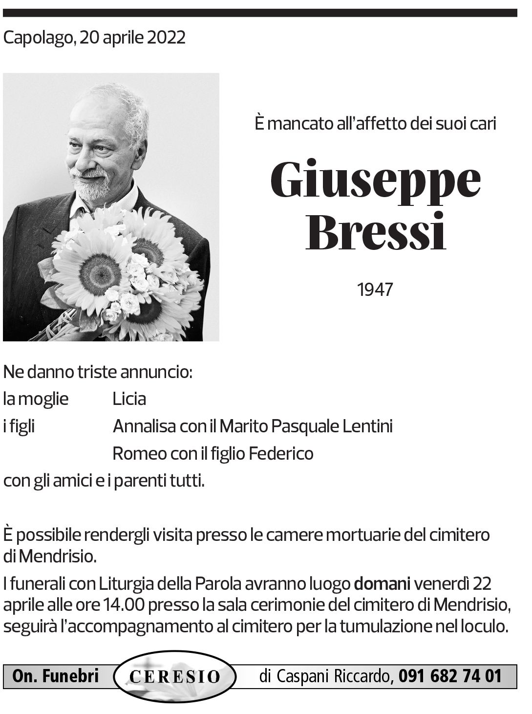 Annuncio funebre Giuseppe Bressi