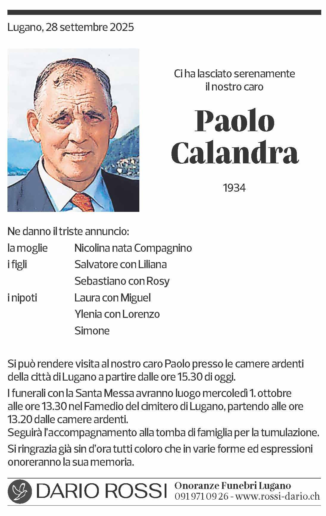 Annuncio funebre Paolo Calandra