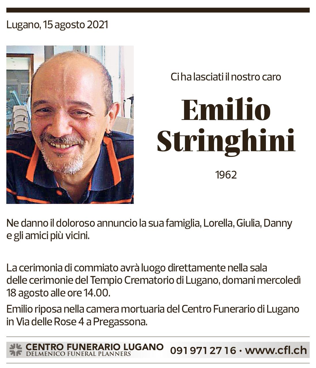 Annuncio funebre Emilio Stringhini