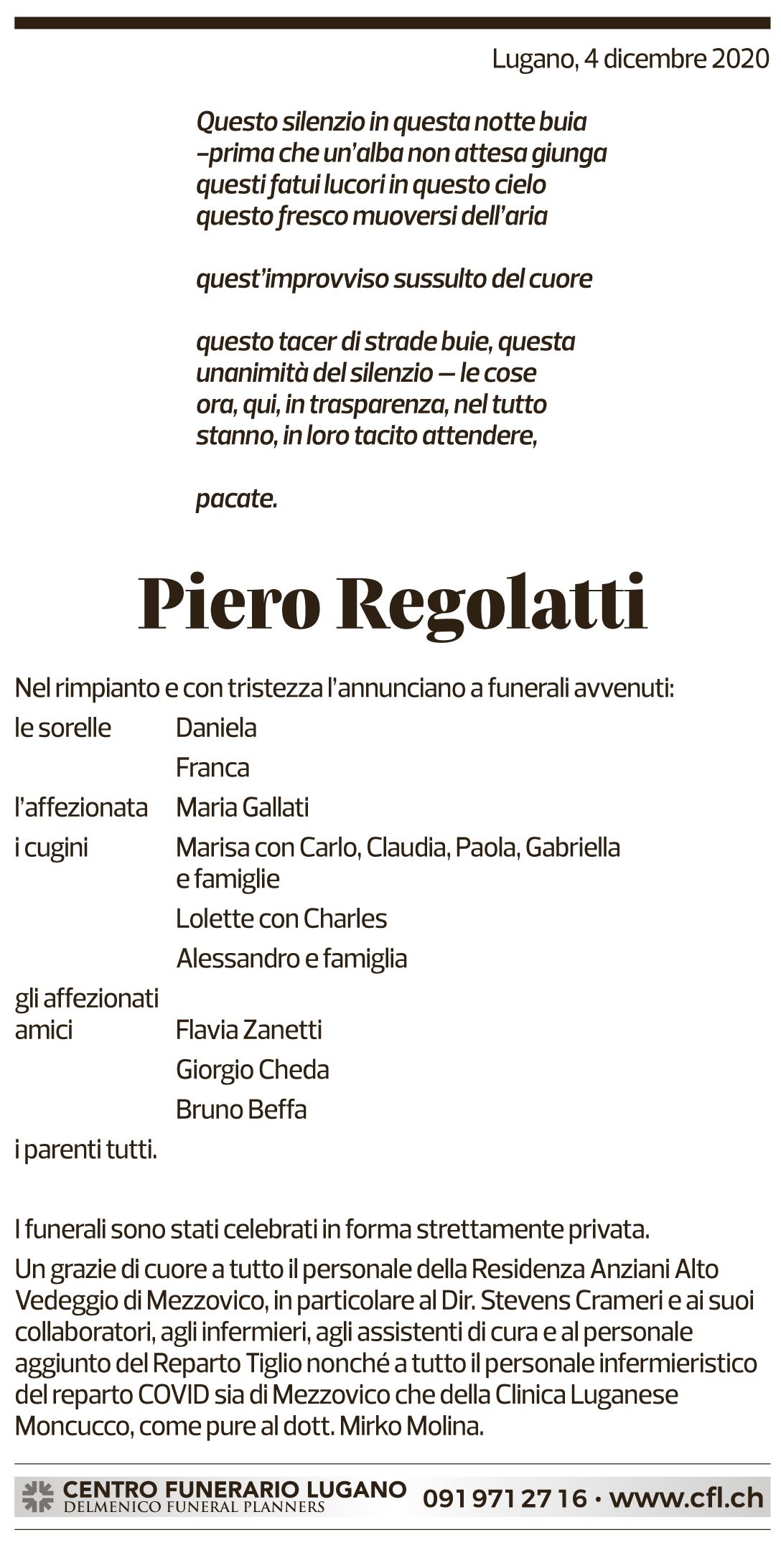 Annuncio funebre Piero Regolatti