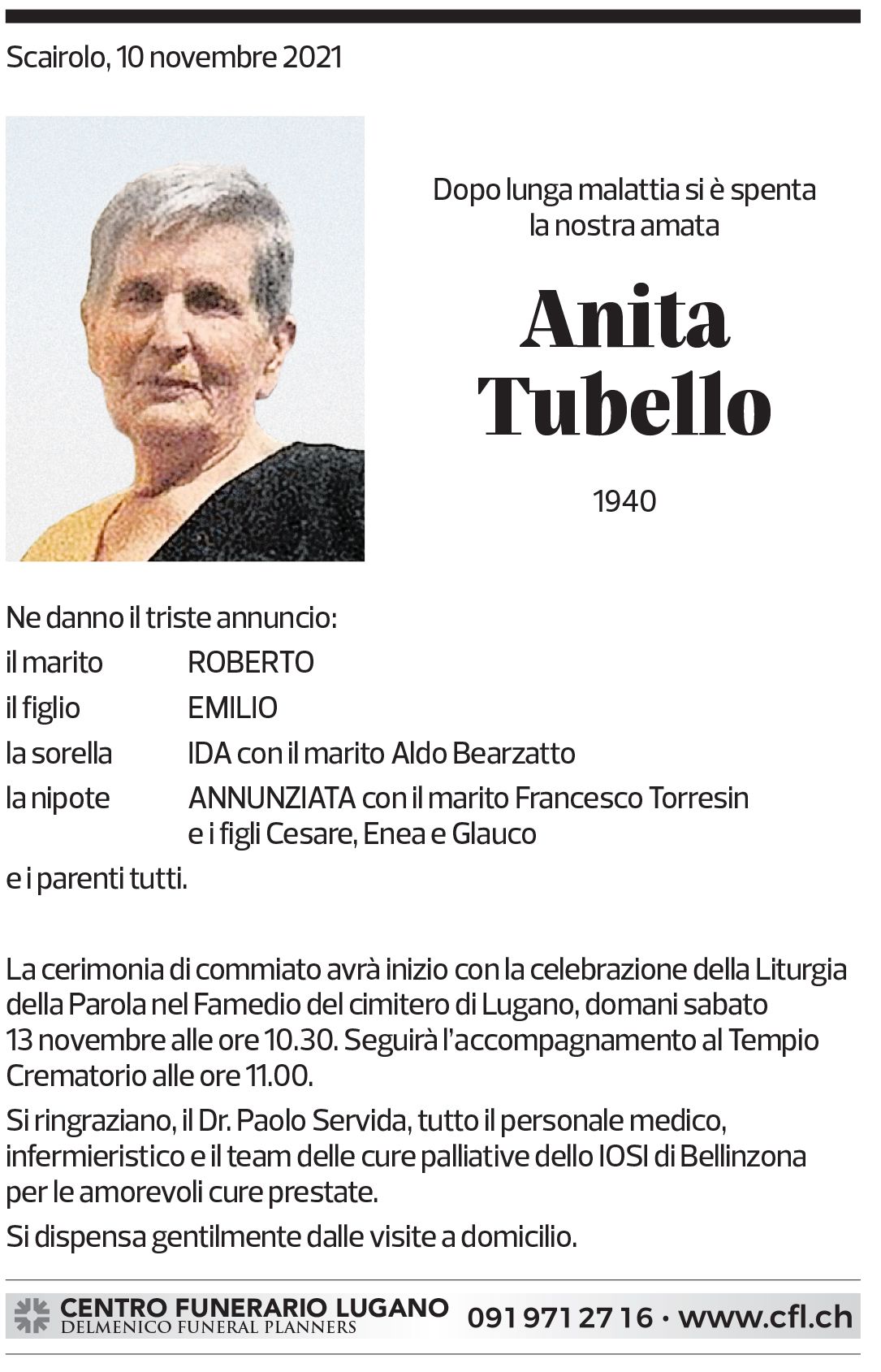 Annuncio funebre Anita Tubello