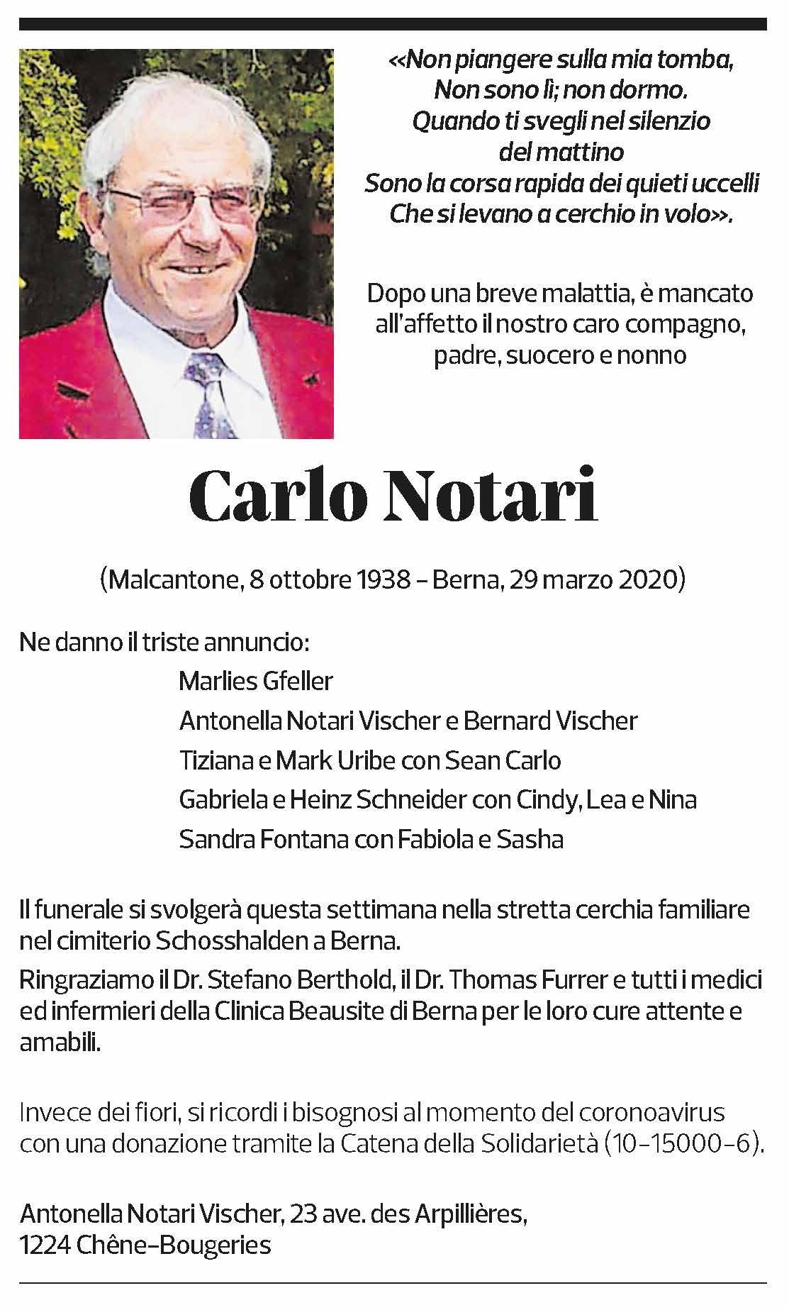 Annuncio funebre Carlo Notari
