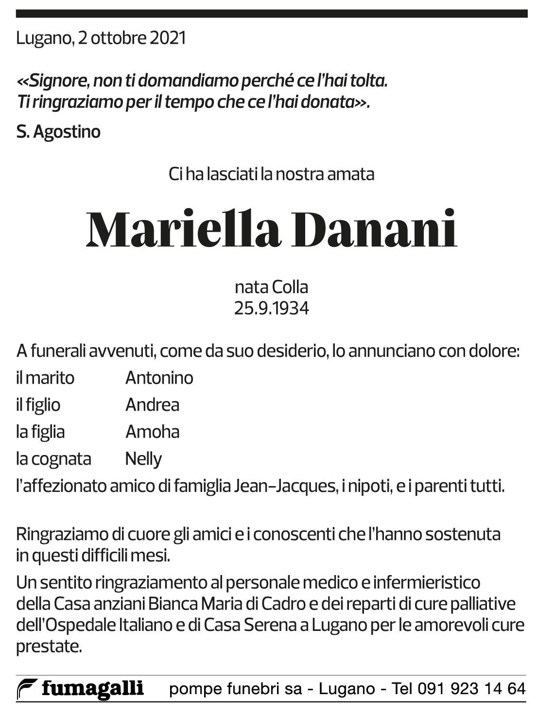 Annuncio funebre Mariella Danani