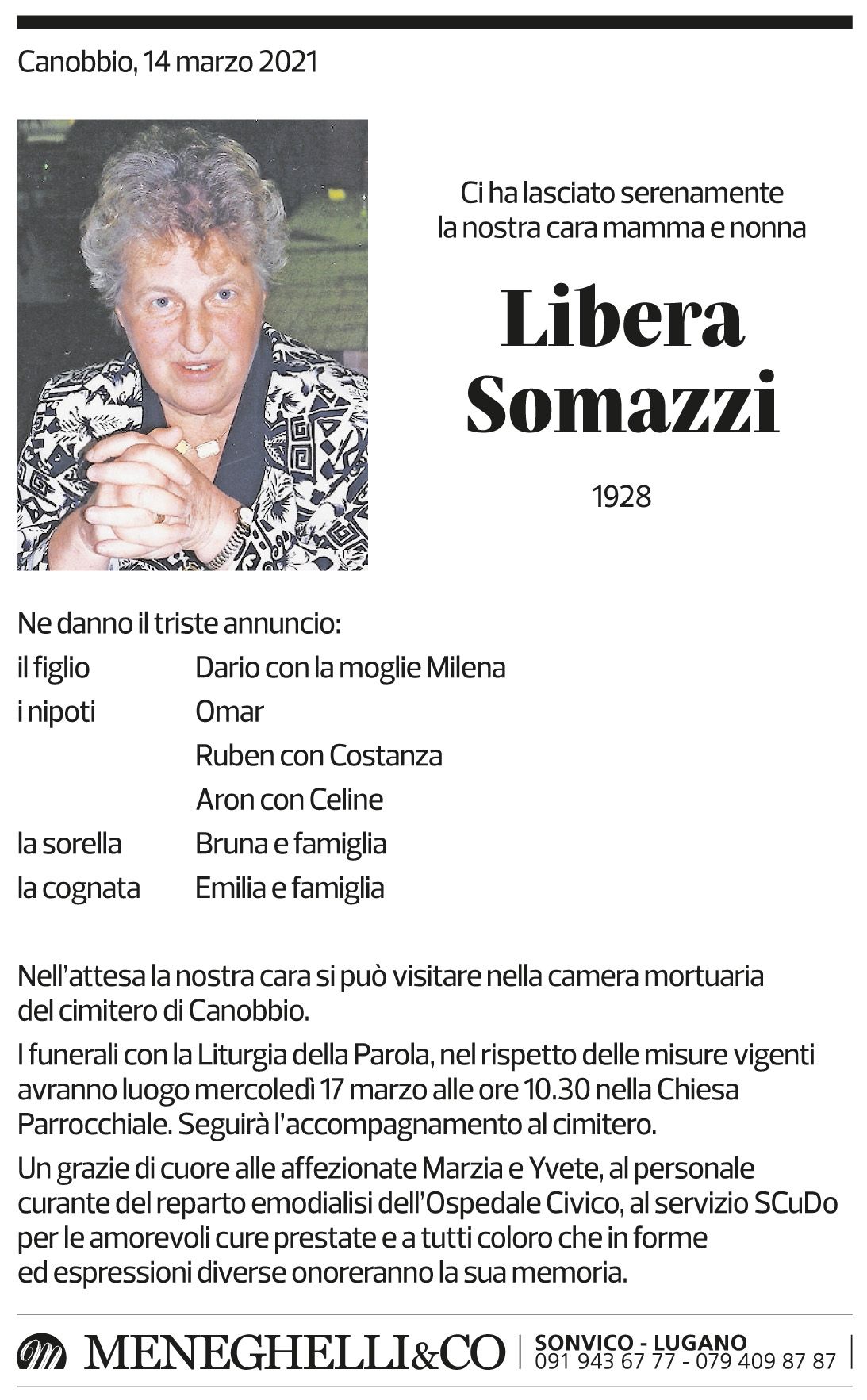 Annuncio funebre Libera Somazzi