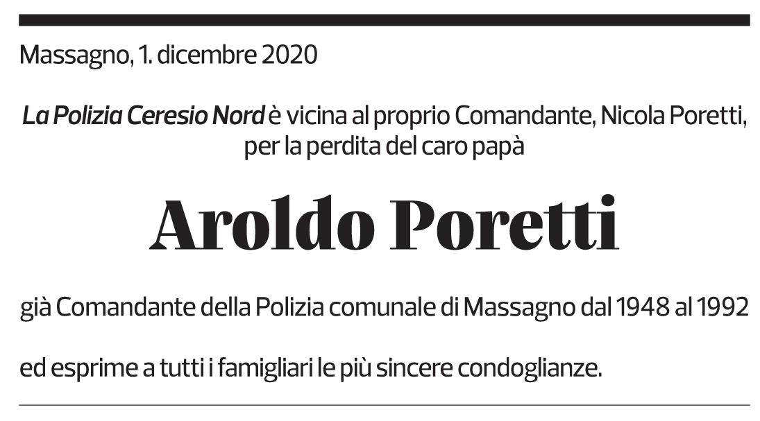 Annuncio funebre Aroldo Poretti