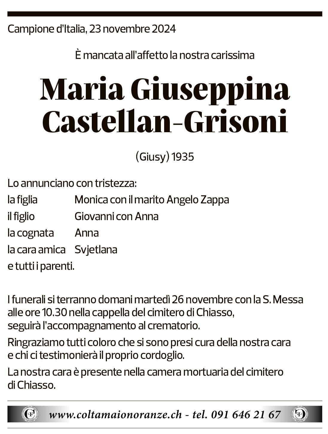 Annuncio funebre Maria Giuseppina Castellan-grisoni