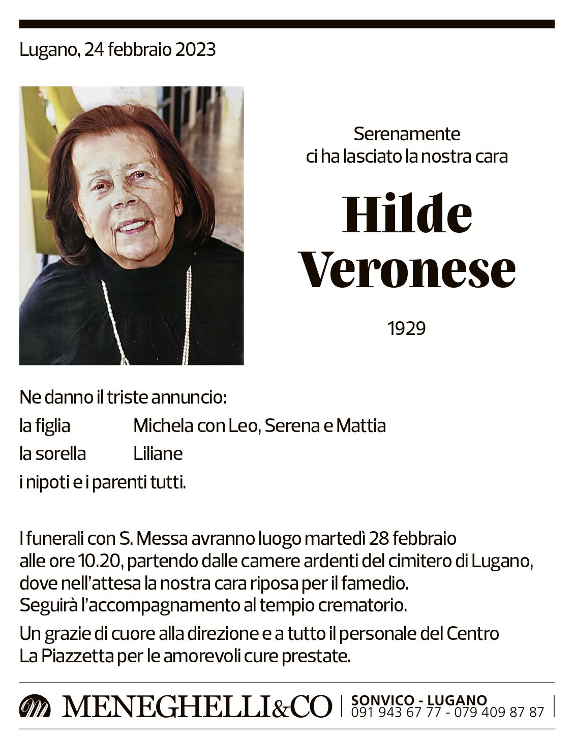 Annuncio funebre Hilde Veronese