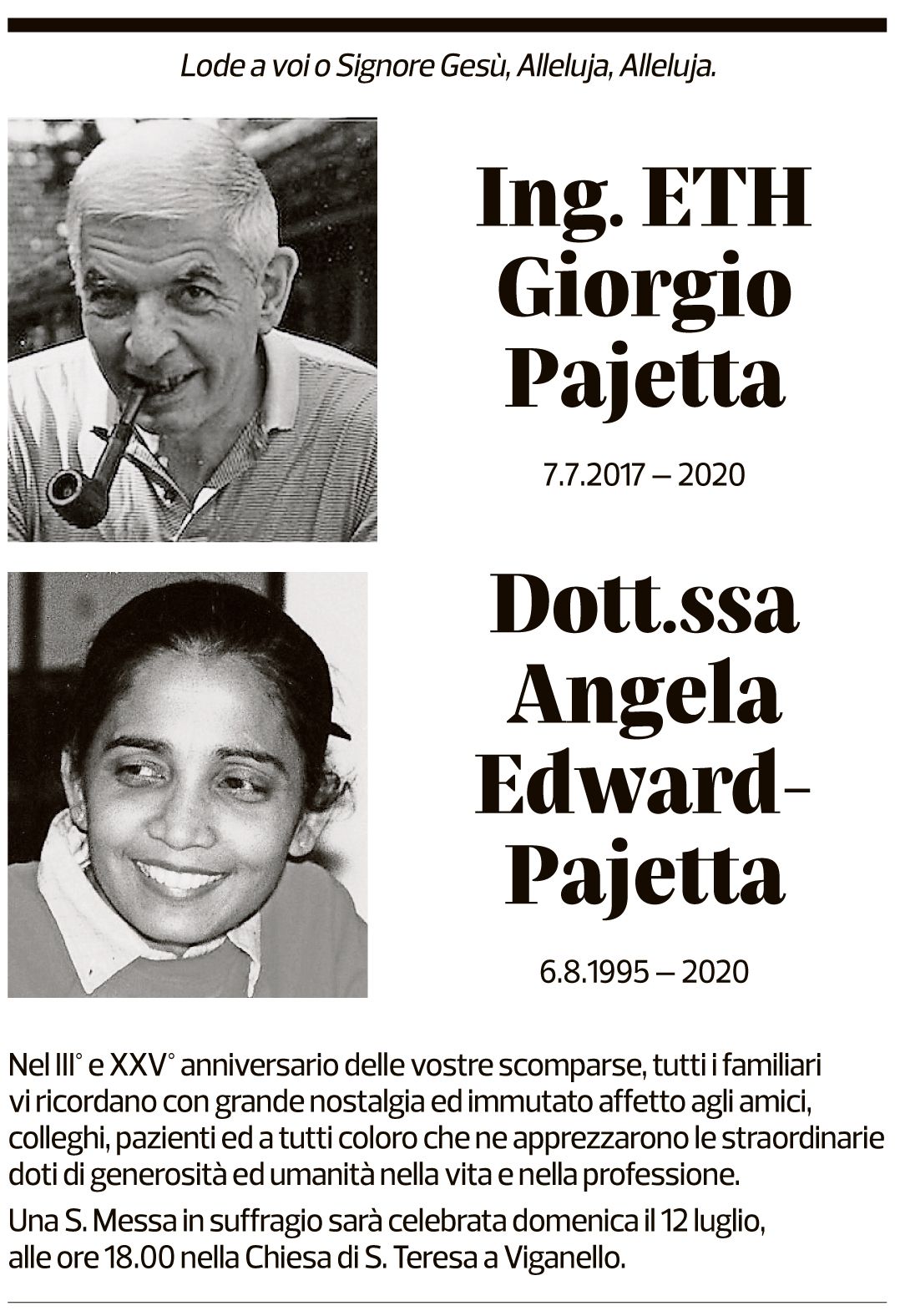 Annuncio funebre Giorgio E Angela Pajetta