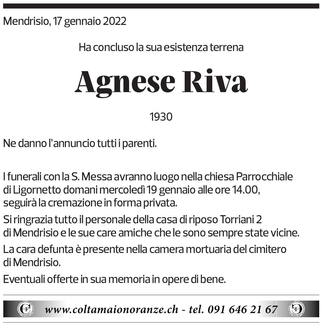 Annuncio funebre Agnese Riva