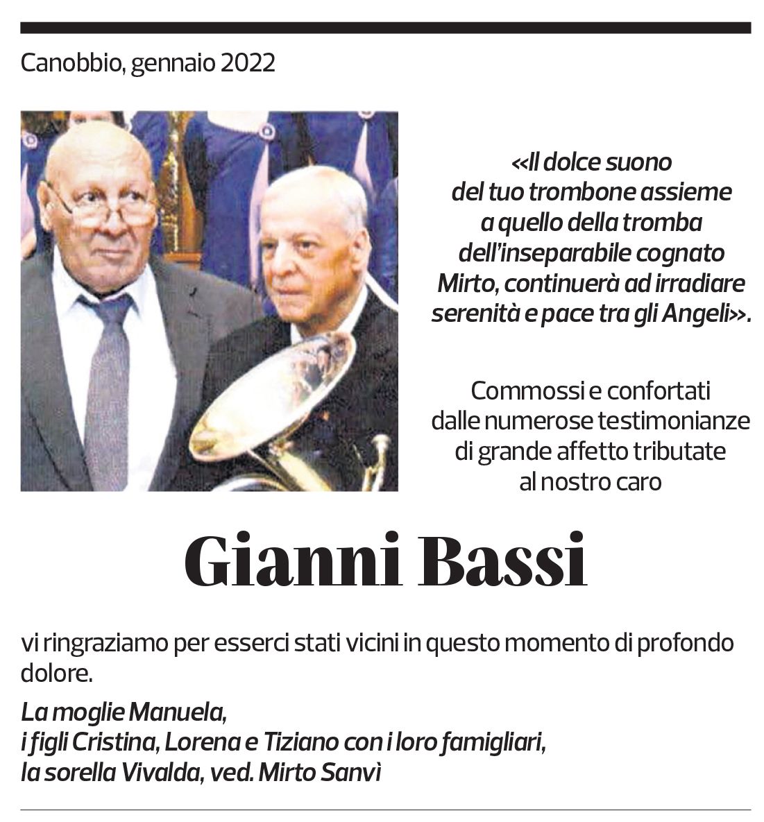 Annuncio funebre Gianni Bassi