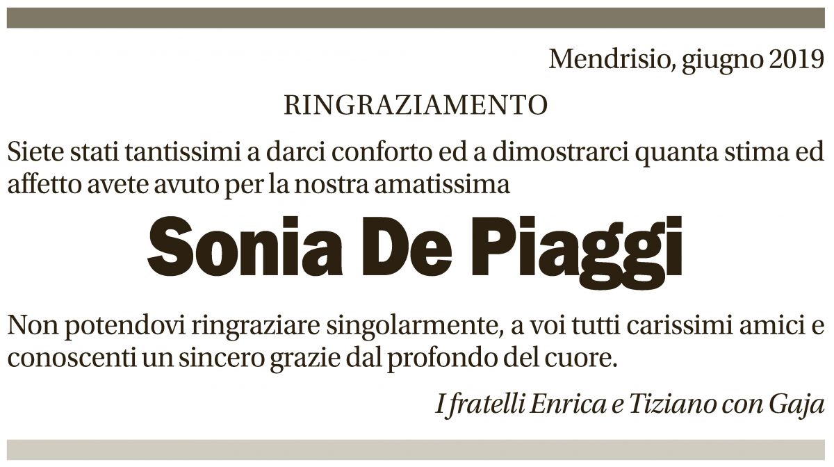 Annuncio funebre Sonia De Piaggi