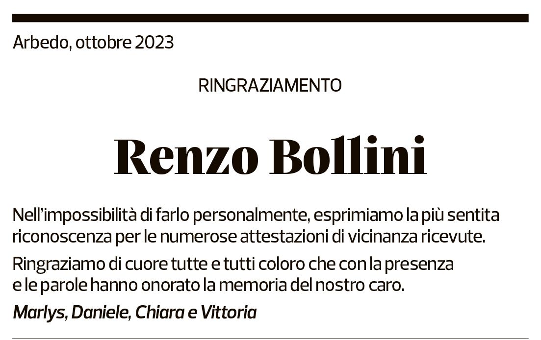 Annuncio funebre Renzo Bollini