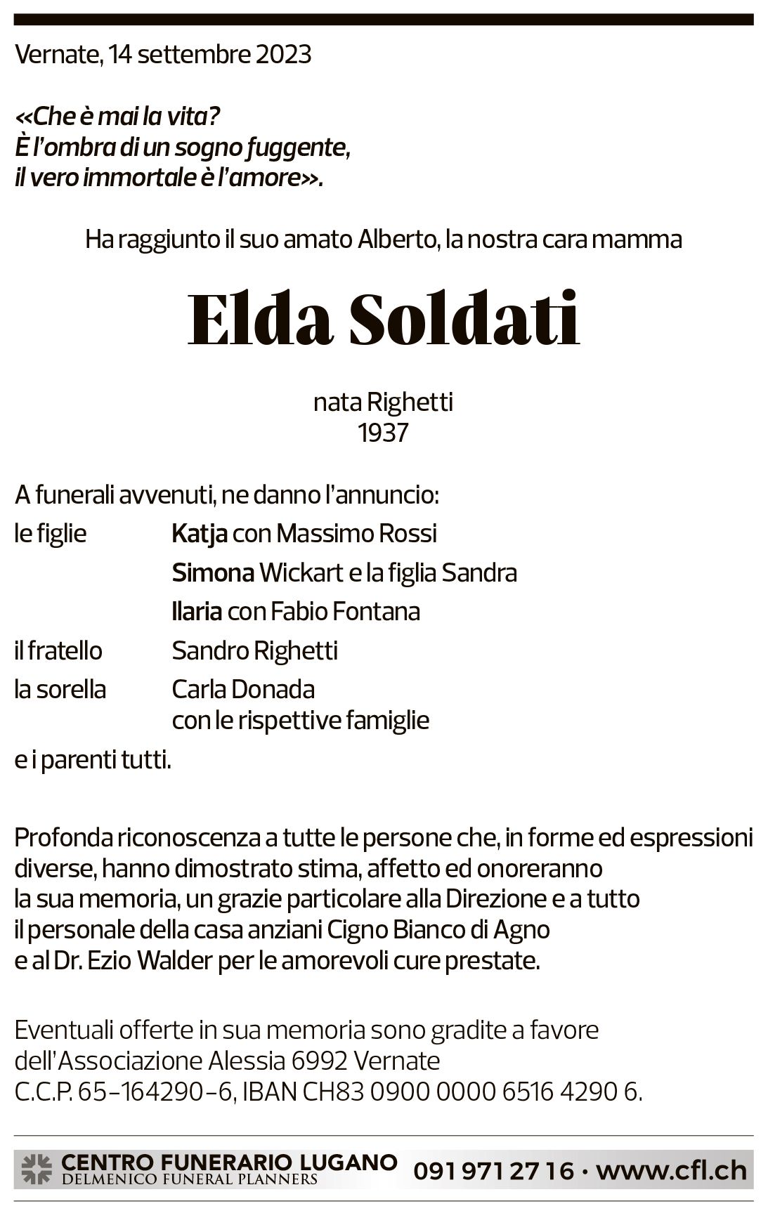 Annuncio funebre Elda Soldati