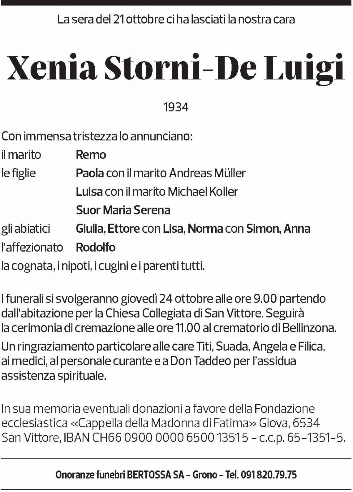 Annuncio funebre Xenia Storni-de Luigi