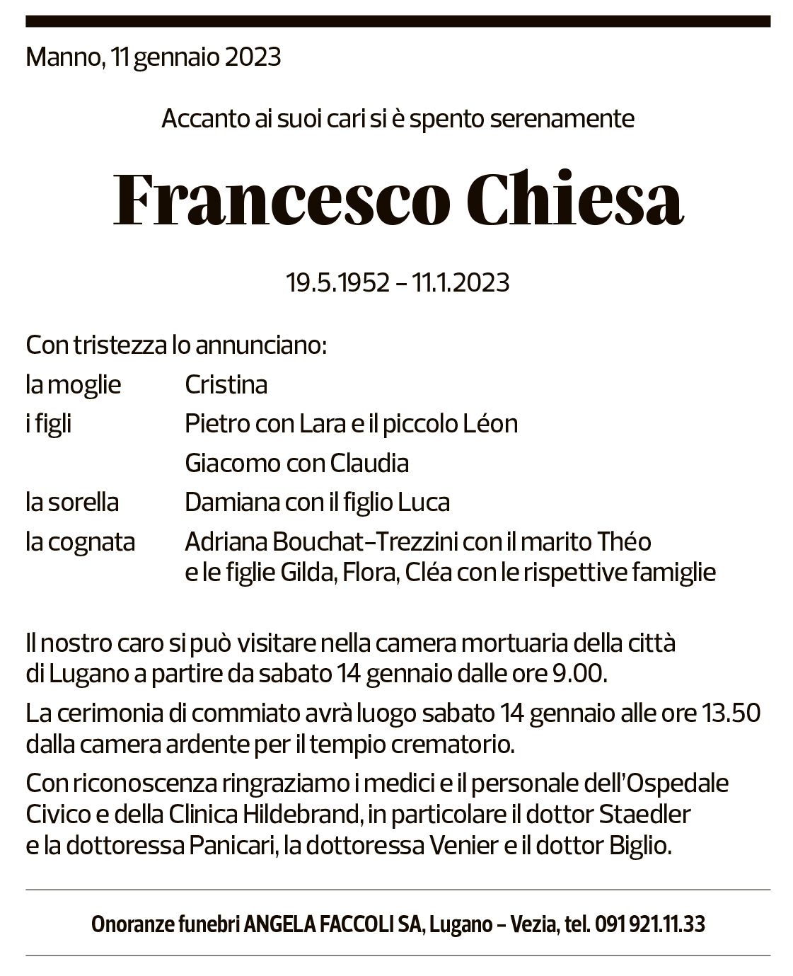 Annuncio funebre Francesco Chiesa