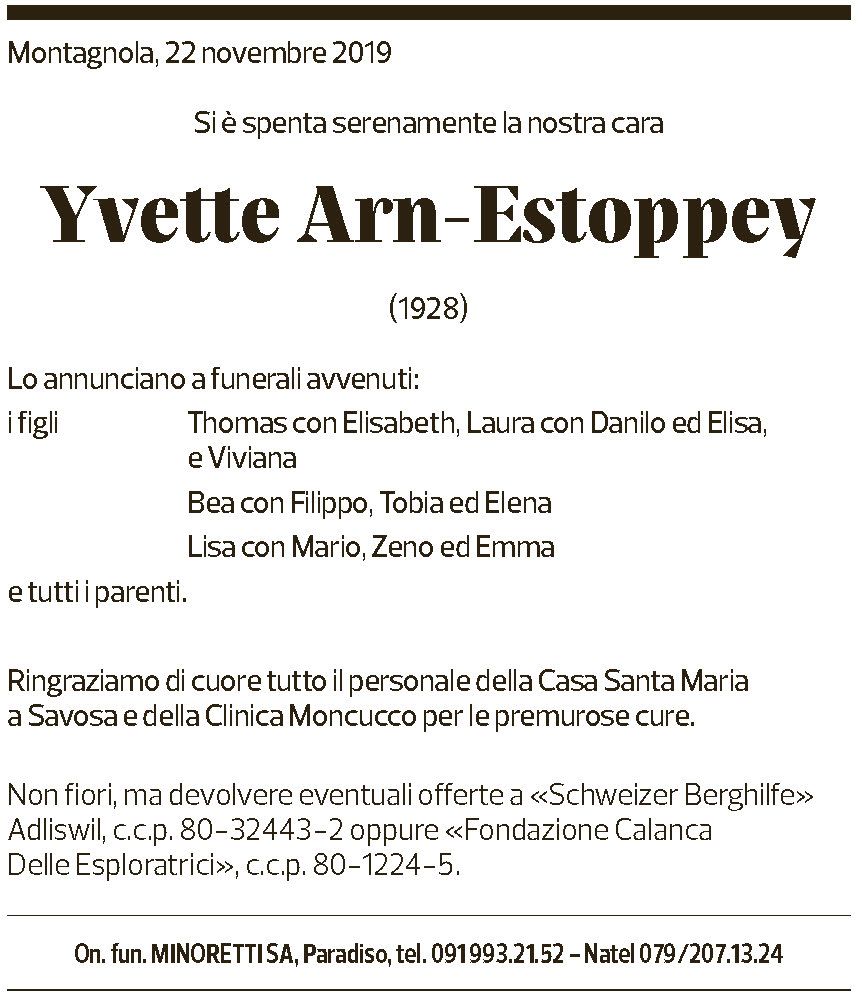 Annuncio funebre Yvette Arn-estoppey