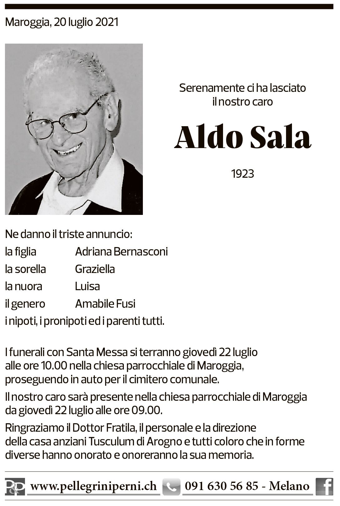 Annuncio funebre Aldo Sala